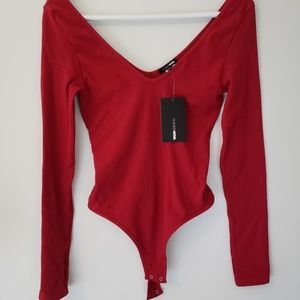 NWT Fashion Nova Red Long Sleeve V Neck Bodysuit